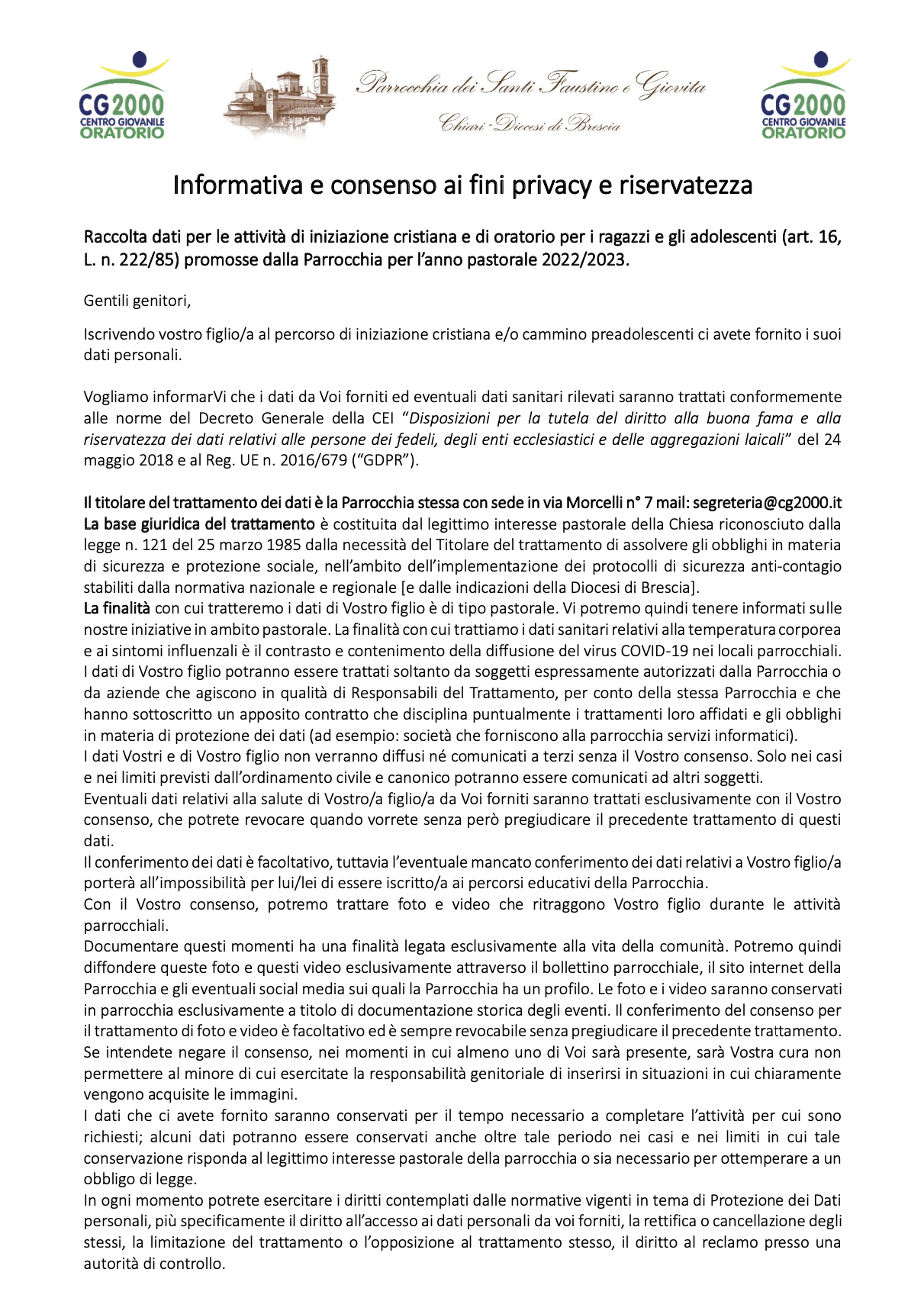 You are currently viewing INFORMATIVA PRIVACY – Attività Catechesi 2022-2023