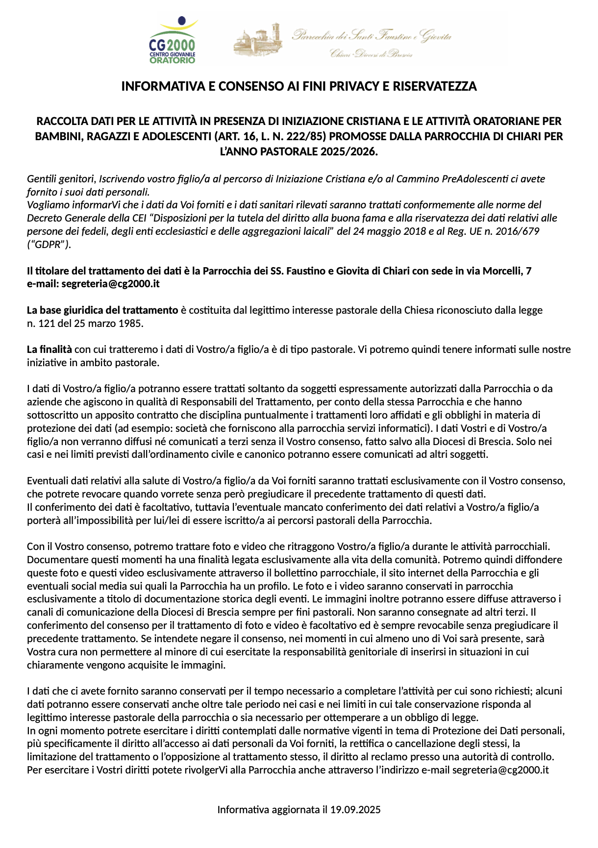 Read more about the article INFORMATIVA PRIVACY – Catechismo 2025 – 2026